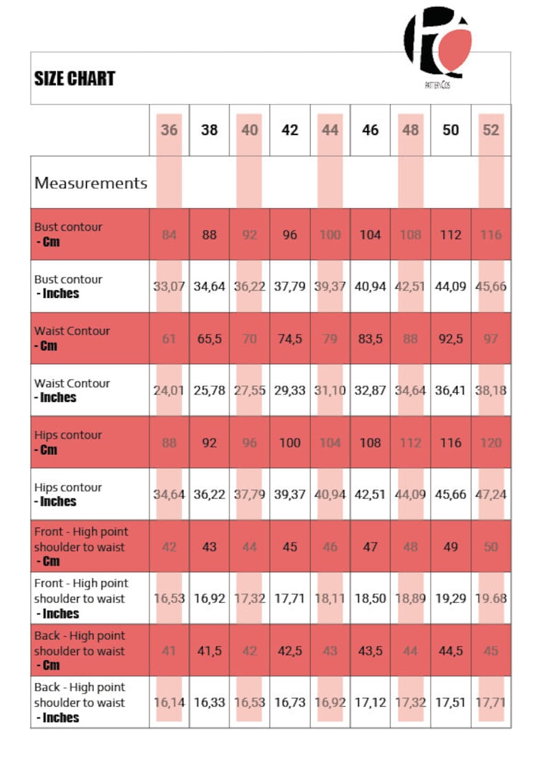 May include: Size chart for clothing with measurements in inches and centimeters. The chart includes bust, waist, hips, and shoulder to waist measurements for sizes 36 to 52.
