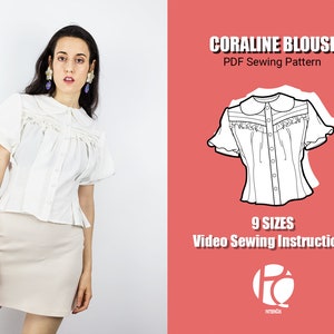 Romantic blouse sewing pattern | Cute Victorian inspired shirt pattern | Buttoned top with pleats and ruffles | 9 SIZES | PDF Sewing pattern