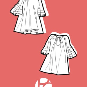 May include: Line drawing of two dresses with long sleeves and a loose fit. The dresses have a round neckline and a gathered skirt. The dresses are on a pink background with a logo that says "Patterncos".