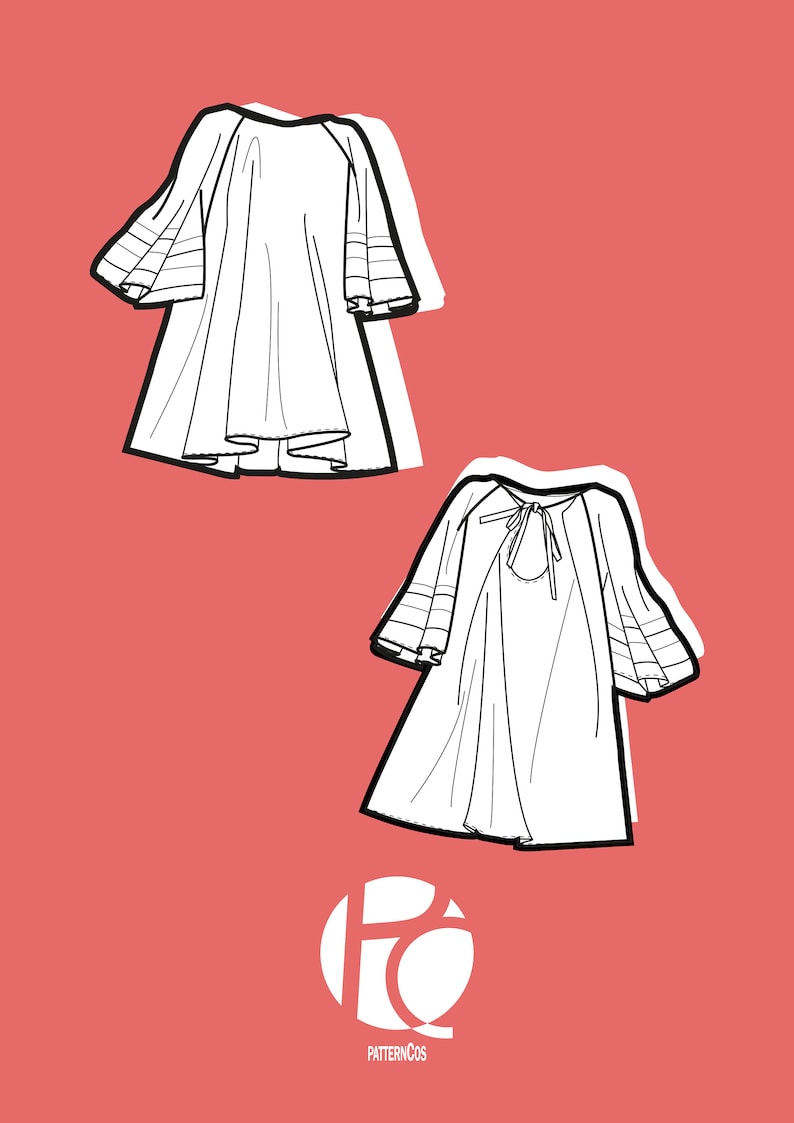 May include: Line drawing of two dresses with long sleeves and a loose fit. The dresses have a round neckline and a gathered skirt. The dresses are on a pink background with a logo that says "Patterncos".