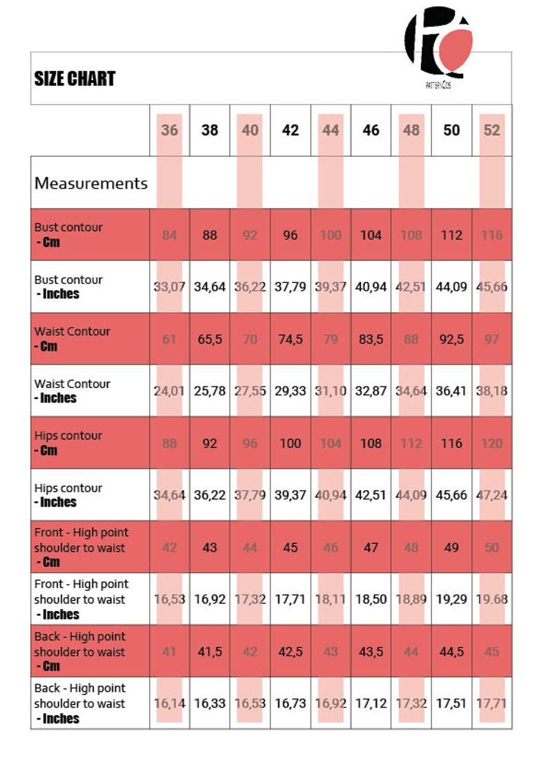 May include: Size chart for clothing with measurements in inches and centimeters. The chart includes bust, waist, hips, and shoulder to waist measurements for sizes 36 to 52.