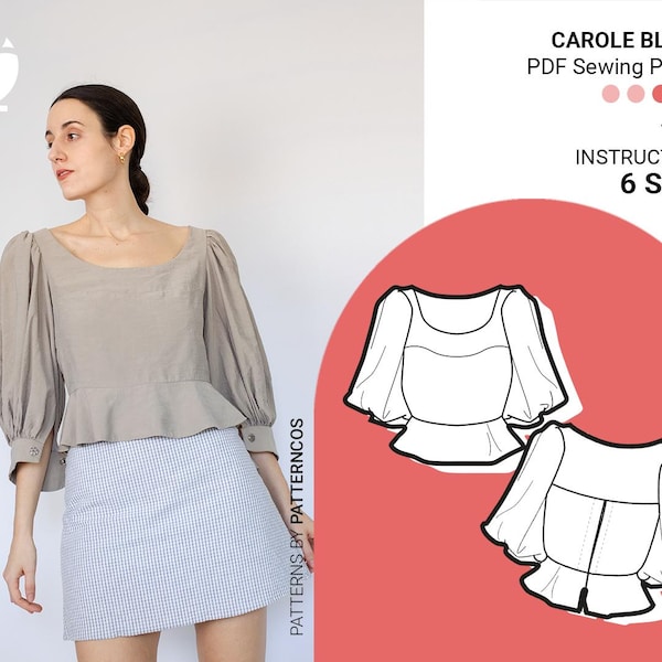 Romantic blouse sewing pattern | Puffy sleeve pattern | Cozy daily top pattern for women | 6 SIZES | Digital PDF Sewing pattern