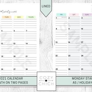 Puede incluir: Una página doble de un calendario de 2021, con el mes de enero. La página izquierda muestra los días de la semana con encabezados de colores. La página derecha continúa con las fechas del mes. El calendario está etiquetado como "Lined" y "Monday Start A5/Holidays."