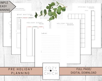 Könnte beinhalten: Ein druckbarer Planer für die Urlaubsplanung mit Abschnitten für das, was zählt, Urlaubsveranstaltungen, Urlaubsregeln und Öffnungszeiten. Der Planer hat ein schlichtes und minimalistisches Design mit hellgrauem Hintergrund und schwarzem Text.