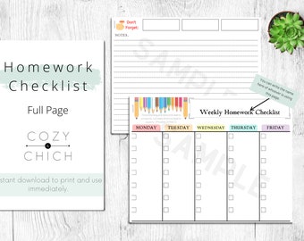 May include: A printable weekly homework checklist with a colorful pencil border. The checklist is divided into five columns: Monday, Tuesday, Wednesday, Thursday, and Friday. Each column has 10 blank boxes for checking off homework assignments.