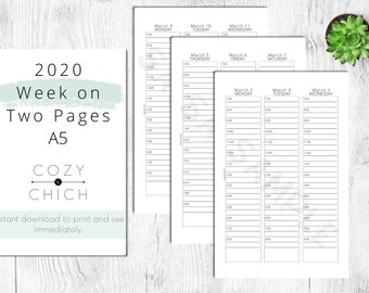 May include: White A5 planner pages with a weekly layout for 2020. The pages are labeled with dates and times, designed for time management. The cover includes the text "2020 Week on Two Pages A5" and the brand name "COZY & CHICH".