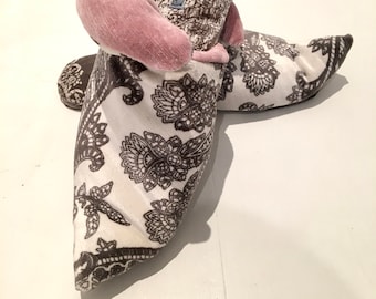 Velvet Damask Pink/Grey Babouche Slippers