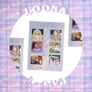 May include: A collage of photos featuring a K-pop girl group, LOONA, with a pastel purple and pink background. The photos are arranged in a grid pattern and feature the group members in various poses and outfits. The text "LOONA" is written in a large, bold font at the top of the collage.