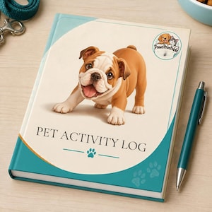 May include: A rectangular pet activity log notebook with a teal border and a cream-coloured centre. The cover features a brown and white bulldog puppy, the text "PET ACTIVITY LOG," a paw print icon, and a "PawsPrintable" logo with a dog and cat.
