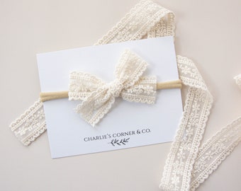 Ivory Floral Lace Embroidery Ribbon Bow, Lace Bow, Lace Headband, Newborn Baby Bow, Nylon Baby Headband