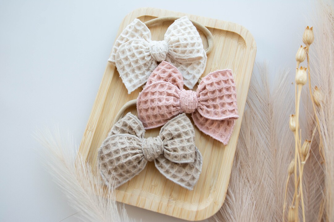 Small Waffle Fable Bow, Organic Hair Bows, Waffle Fable Bow, Natural