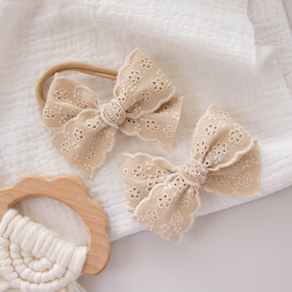 Linen Broderie Floral Lace Ribbon Bow, Linen Bow, Lace Headband, Newborn Baby Bow, Nylon Baby Headband