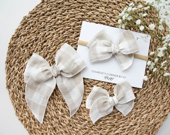 Linen Milk White with Natural Gingham Fable Bow, Natural Check Linen Bow, Fall Hair Bow,  Neutral Fall Fable Bow, Fable Hair bow