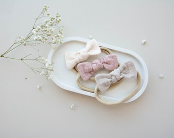 Linen Knot Bows, Newborn Baby Bows, Nylon Baby Headband, Baby Knot Headband,  Knot Bow, Mini Knot Bow, Neutral Bow