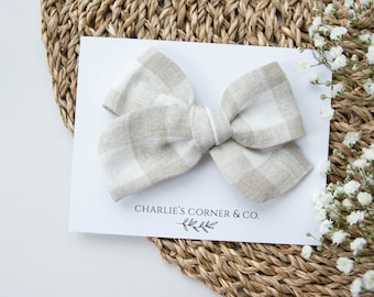 Linen Milk White Natural Gingham Bow, Natural Check Linen Hair Bow, Neutral Fall Hair Bow, Fall Hair Bow, Pinwheel Hair Bow