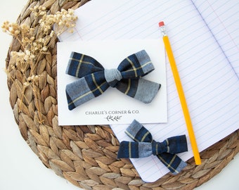 School Uniform Plaid Hair Bow, Navy White Gold, Schoolgirl Style