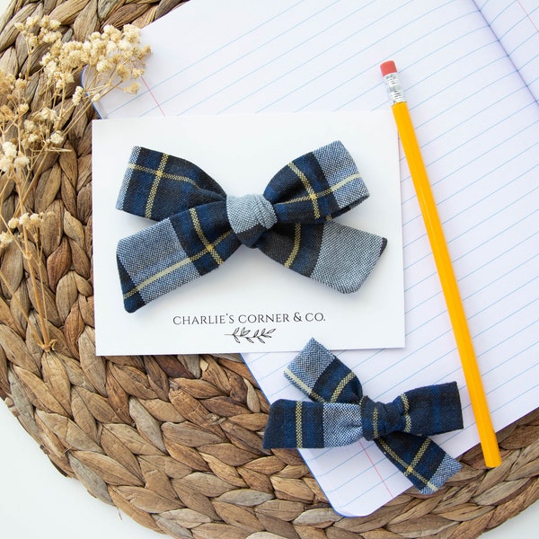 School Uniform Plaid Schoolgirl Bow, Navy White Gold Plaid Bow, School Plaid Hair Bow