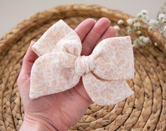 Light Peach Floral Muslin Bow, Spring Hair Bow, Neutral Hair Bow, Floral Hair Bow, Pinwheel Hair Bow