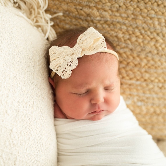 Cream Cotton Lace Newborn Bow, Nylon Headband or Clip