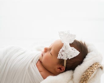 White Lace Bow, Rose Floral Lace Embroidery Ribbon Bow in white, Lace Bow, Lace Headband, Newborn Baby Bow, Nylon Baby Headband