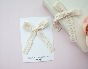 Beige Heart Lave Embroidered Ribbon Long Tail Bow, Heart Bow, Lace Bow, Toddler Lace Bow, Long tail bow