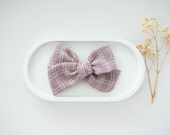 Dusty Mauve Embroidered Check Bow, Spring Hair Bow, Neutral Hair Bow, Mauve Hair Bow, Pinwheel Hair Bow