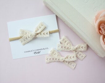 Beige Heart Lace Embroidered Ribbon Bow, Baby Lace Bow, Lace Headband, Lace Pigtails, Newborn Baby Bow, Nylon Baby Headband