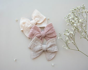 Gauze with Linen Texture Small Fable Bow, Gauze Hair Bows, Gauze Fable Bow, Natural Hair bow, Baby Hair Bow, Pink Fable Bow