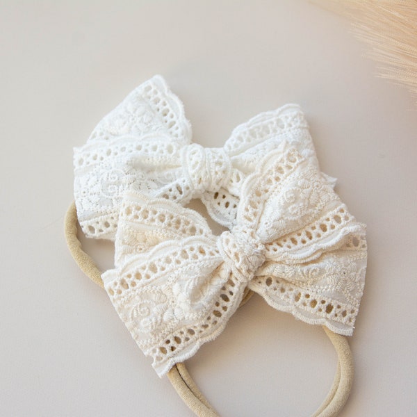 Cotton Embroidered Floral Bow, Baby Lace Bow, Lace Headband, Newborn Baby Bow, Nylon Baby Headband