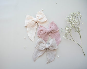 Gauze with Linen Texture Large Fable Bow, Gauze Hair bow, Fable Hair Bow, Neutral Hair Bow, Oversized Hair Bow