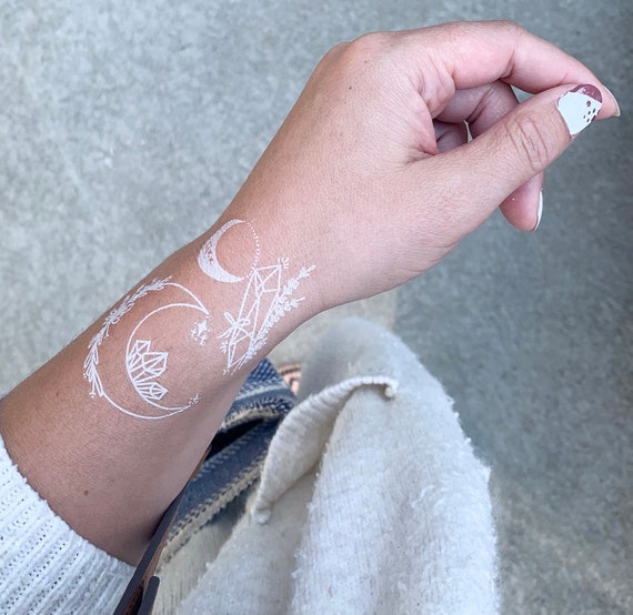 White Ink Moon and Crystal Temporary Tattoo Set / Illustrated Moon Star and  Crystal Tattoo