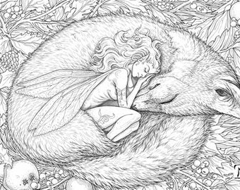 Slumbering Solace Adult Coloring Page - Fantasy Art - Meditation Printable -Stress Relief Digital Download