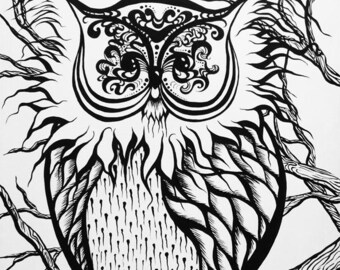 Elder Owl Original Art Adult Colouring Printable Download
