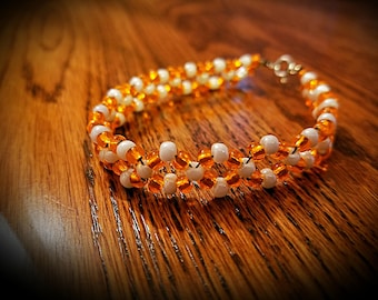 Hand-Beaded Orange Woven Design Bracelet