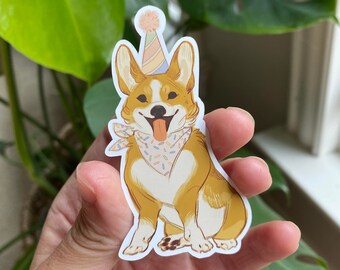 Sticker brillant joyeux anniversaire Corgi