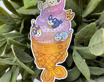 Sticker crème glacée Taiyaki guimauve chaton - Sticker mignon découpé pour ordinateur portable