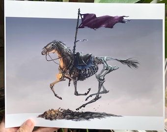 Impression de cheval de guerre médiéval morts-vivants - impression d'art 8 x 10 - Art squelette d'Halloween - Art animalier Dark Fantasy