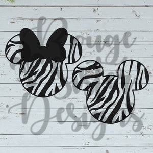 May include: Two black and white zebra print Mickey Mouse ears. One ear has a black bow on top.