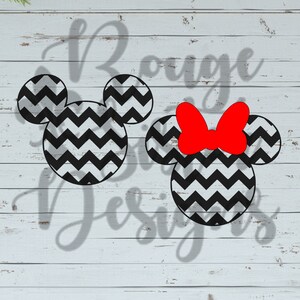May include: Two Mickey Mouse head silhouettes with a black and white chevron pattern. One has a red bow. The background is a white wood grain. The image has the text "Rouge Designs" in a cursive font.