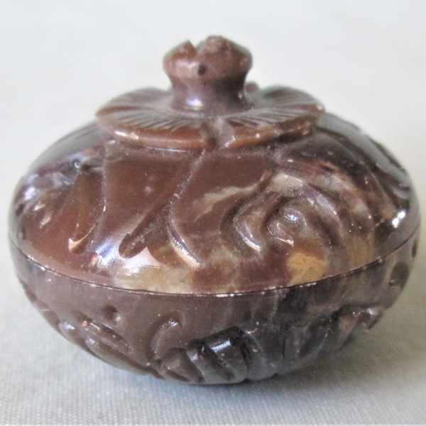 Pill Box/2 Piece/Ceramic/Round/1980s/Gift/1-9/16 inch x 1-9/16 inch x 1-1/4 inch/Brown/Textured/Excellent condition