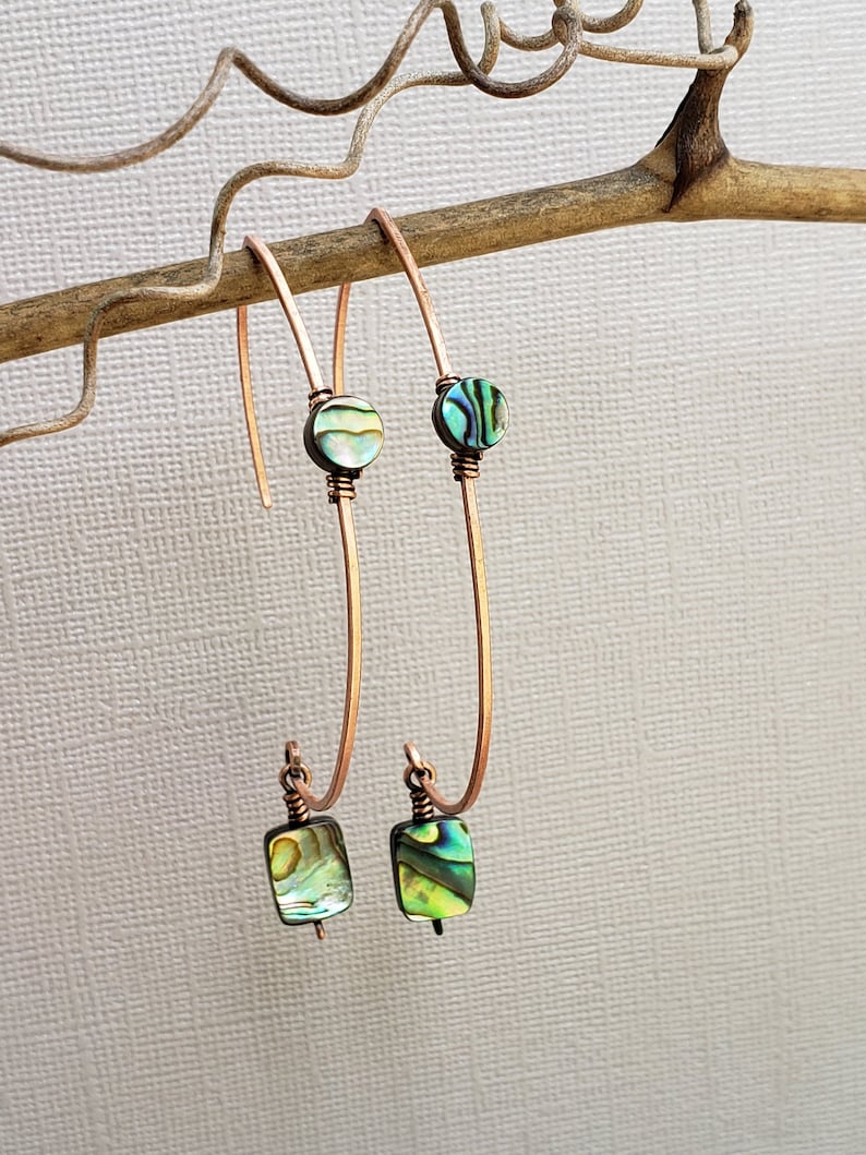Threader Copper Earrings Hoop Chain Earrings Abalone Hoops Large Hoops Open Hoop Earrings Copper Hoop Earrings Coil Hoops Arc Hoops