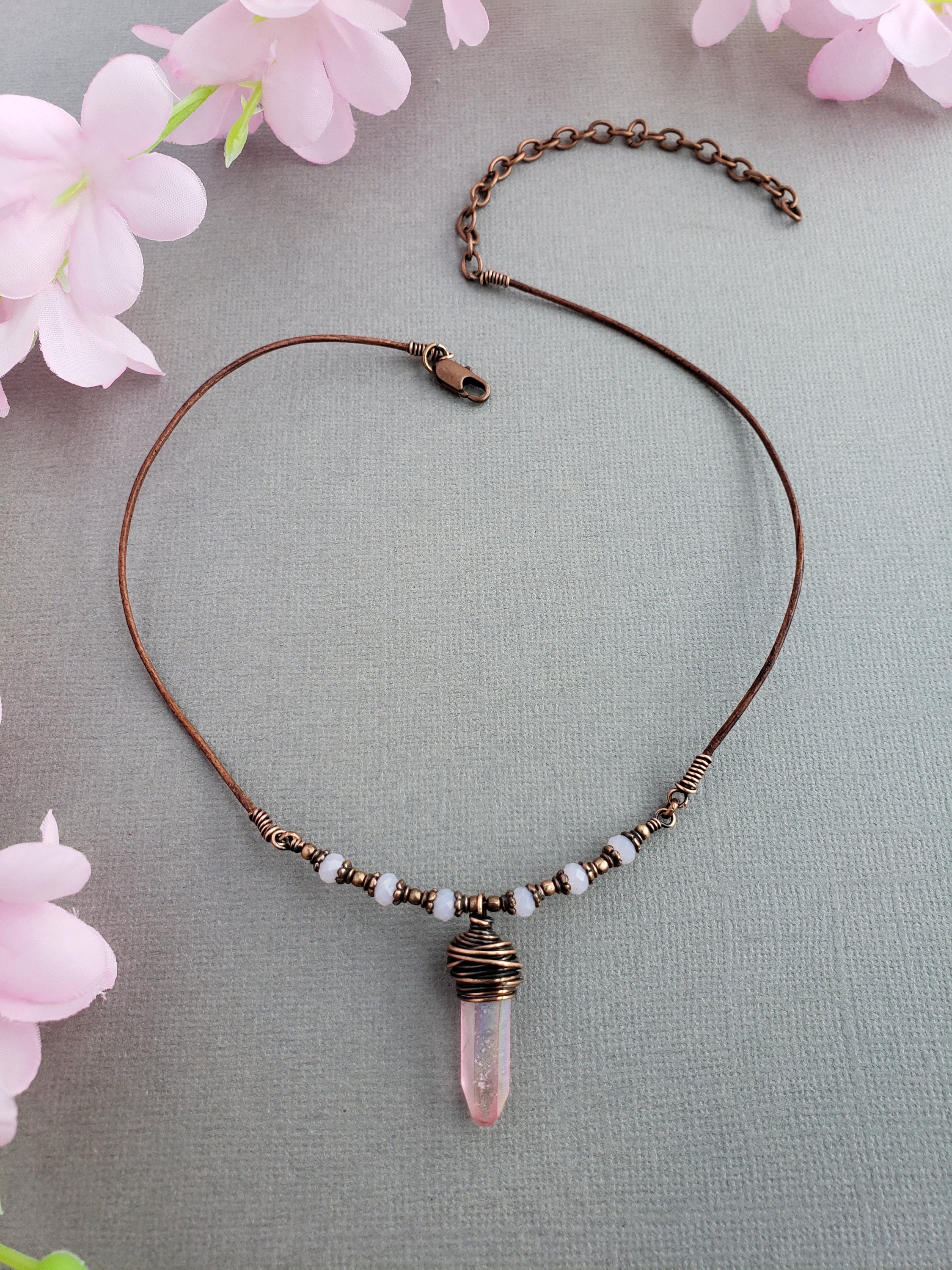 Pink Crystal Leather Necklace Crystal Necklace Pink Crystal Etsy