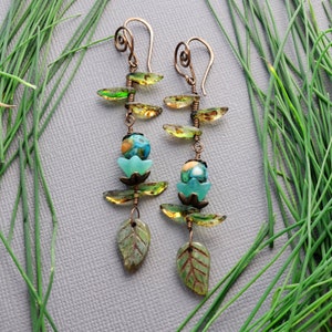 Flower Vine Earrings, Green Branch Earrings, Green Leaf and Flower Earrings, Branch Wedding Earrings, Long Vine Earrings, Woodland Earrings image 8