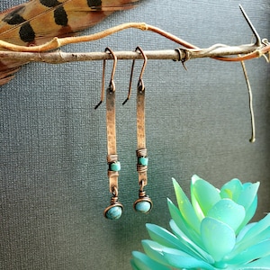 Turquoise Copper Bar Earrings, Turquoise Wire Wrapped Earrings, Hammered Copper Rustic Earrings, Southwest Cowgirl Earrings, Indian Earrings