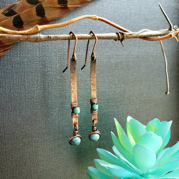 Turquoise Copper Bar Earrings, Turquoise Wire Wrapped Earrings, Hammered Copper Rustic Earrings, Southwest Cowgirl Earrings, Indian Earrings