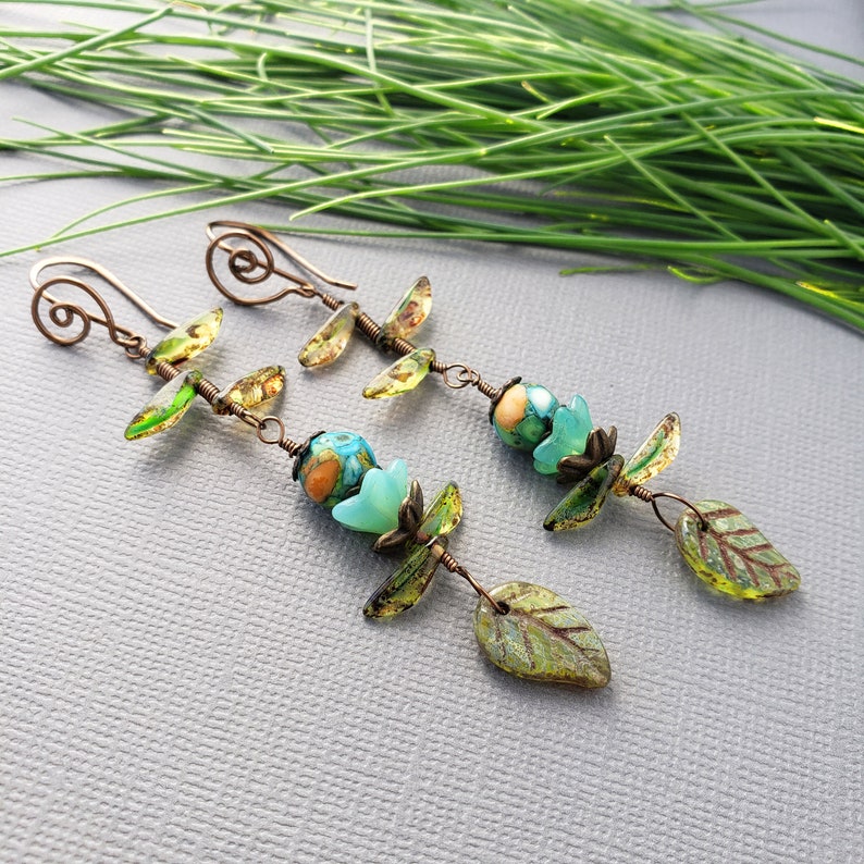 Flower Vine Earrings, Green Branch Earrings, Green Leaf and Flower Earrings, Branch Wedding Earrings, Long Vine Earrings, Woodland Earrings Copper Ear Wire