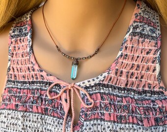 Crystal Necklace, Crystal Leather Necklace, Crystal Choker, Blue Crystal Leather Choker, Blue Apatite Necklace, Crystal Point Necklace