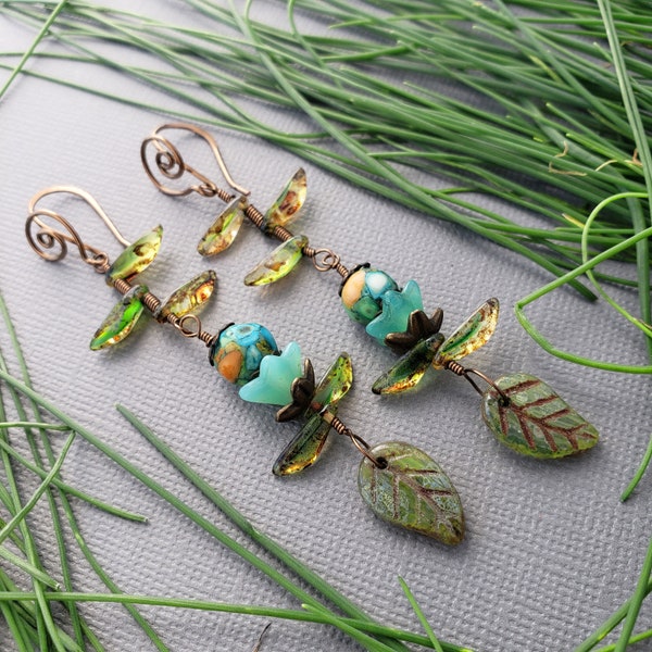 Flower Vine Earrings, Green Branch Earrings, Green Leaf and Flower Earrings, Branch Wedding Earrings, Long Vine Earrings, Woodland Earrings