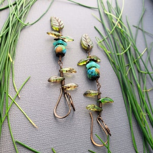 Flower Vine Earrings, Green Branch Earrings, Green Leaf and Flower Earrings, Branch Wedding Earrings, Long Vine Earrings, Woodland Earrings image 7
