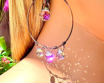 Crystal Hoops, Sparkle Hoop Earrings, Pink Crystal Earrings, Copper Hoops, Sparkle Earrings, Onion Crystal Drop Earrings, Purple Earrings